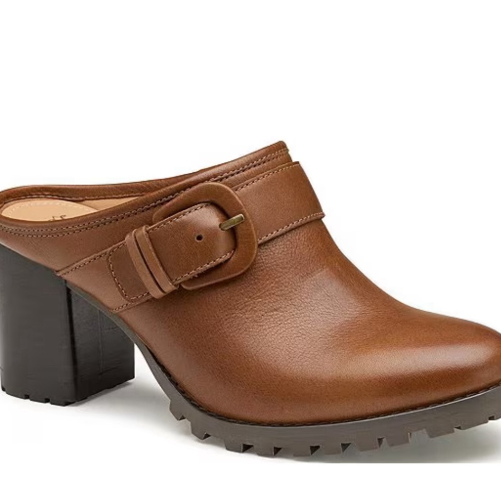 Johnston & Murphy the Vivica Leather Buckle Block Heel Lug Sole Mules